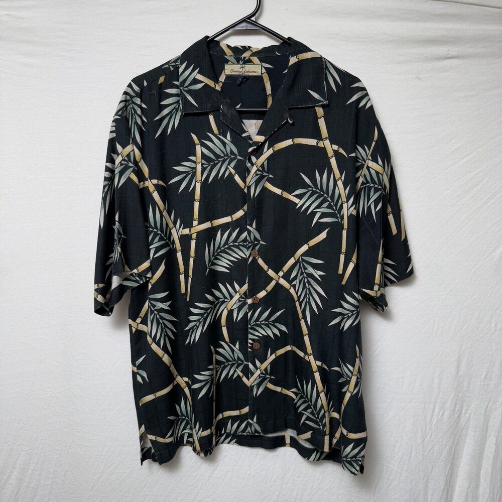 Tommy Bahama Shirt Men Medium Black 100% Silk Palm Floral